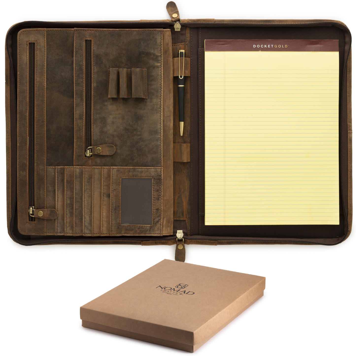 Leather Padfolio with Zipper for Men and Women
