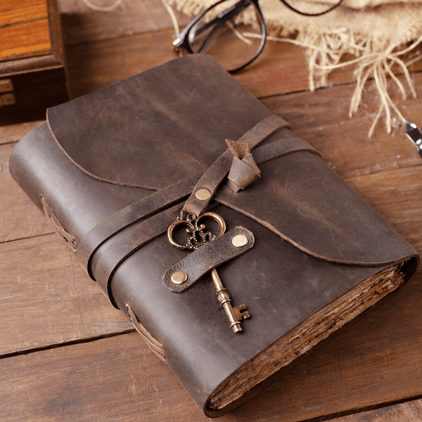 Vintage Leather Journal with Key - 9 by 6 Inches