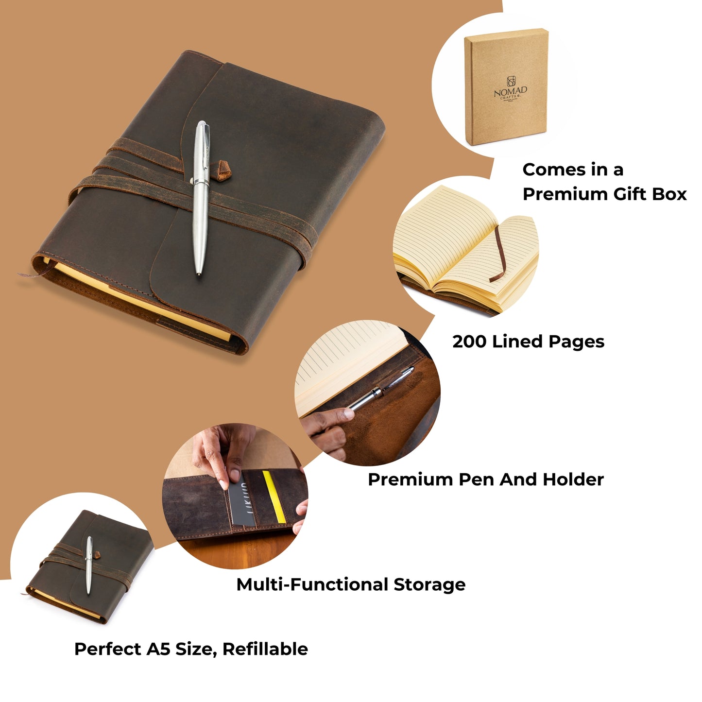 Refillable Leather Notebook Cover with Pen and Gift Box