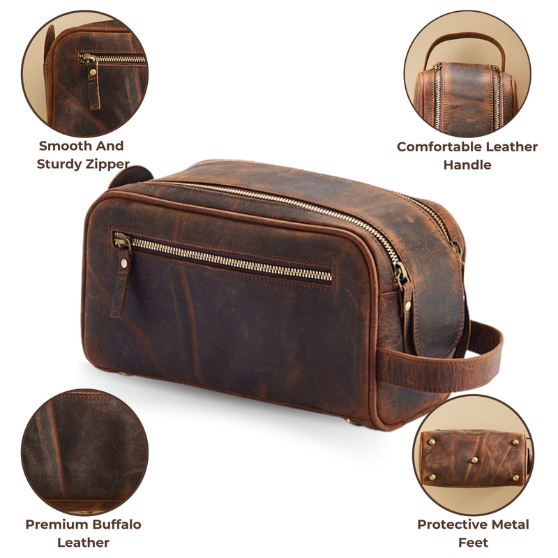 King Size Premium Leather Travel Toiletry Bag for Men and Women - Water-Resistant Dopp Kit - Mens Bathroom Bag, Shaving & Cosmetic Organizer - Mens Toiletry Bag, Mens Travel Bag Leather, Unisex Use