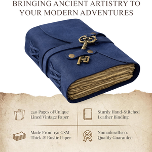 Vintage Leather Journal with Key – Lined Handmade Notebook Antique Leather Bound Writing Journal for Men & Women – Blue