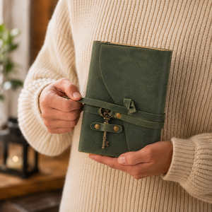 Vintage Leather Journal with Key – Deckle Edge Paper (Green)