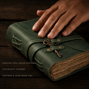 Vintage Leather Journal with Key – Deckle Edge Paper (Green)
