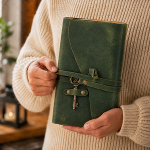 Vintage Leather Journal with Key – Deckle Edge Paper (Green)