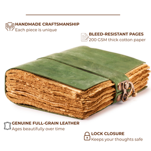 Vintage Green Leather Journal with Lock – Deckle Edge Paper