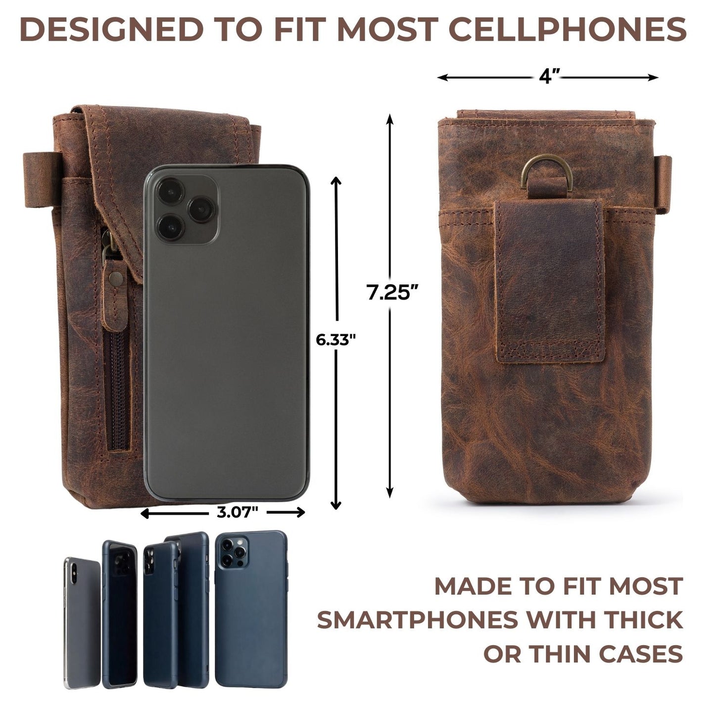 Leather Phone Holster for Men with Magnetic Closure 7.25”x4”