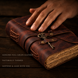 Vintage Leather Journal with Key – Deckle Edge Paper (Red Brown)