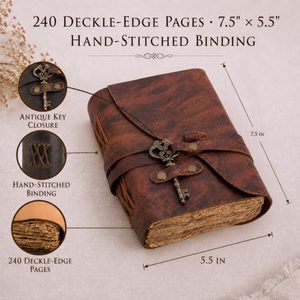 Vintage Leather Journal with Key – Deckle Edge Paper (Red Brown)