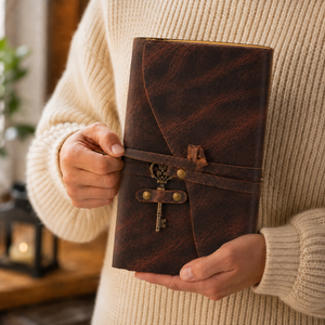 Vintage Leather Journal with Key – Deckle Edge Paper (Red Brown)