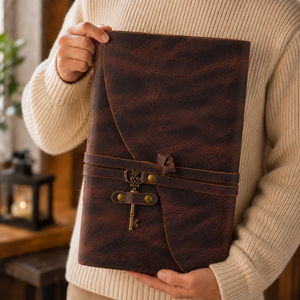 Vintage Leather Journal with Key – Deckle Edge Paper (Red Brown)