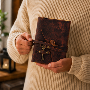 Vintage Leather Journal with Key – Deckle Edge Paper (Red Brown)
