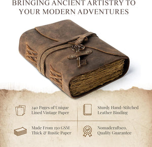 Vintage Leather Journal with Key – Deckle Edge Notebook