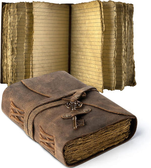 Vintage Leather Journal with Key – Deckle Edge Notebook