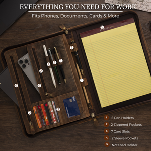 Leather Padfolio with Zipper for Men and Women