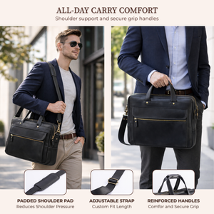 Black Leather Messenger Bag – 15” Laptop Briefcase