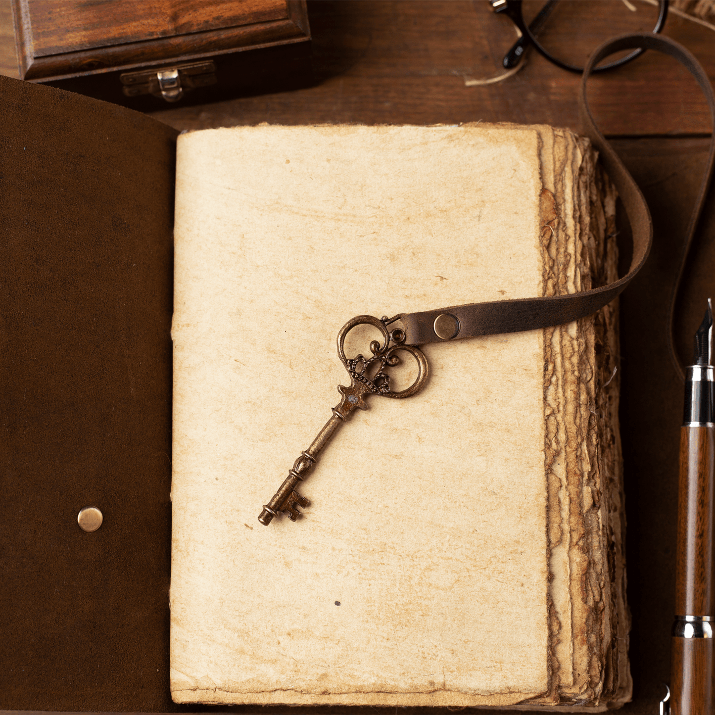 Vintage Leather Journal with Key - Deckle Edged Antique Journal