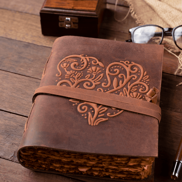 Leather Journal for Women - Vintage Leather Bound Journal - Antique Paper - Beautiful Embossed Heart Leather Sketchbook-