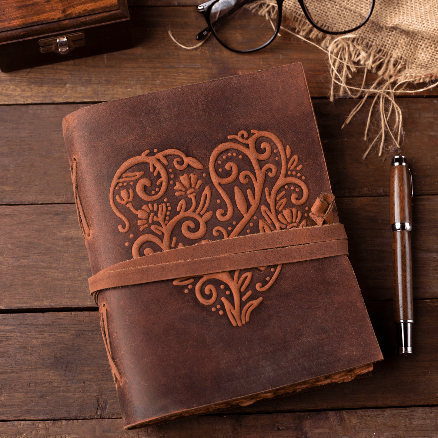 Leather Journal for Women - Vintage Leather Bound Journal - Antique Paper - Beautiful Embossed Heart Leather Sketchbook-