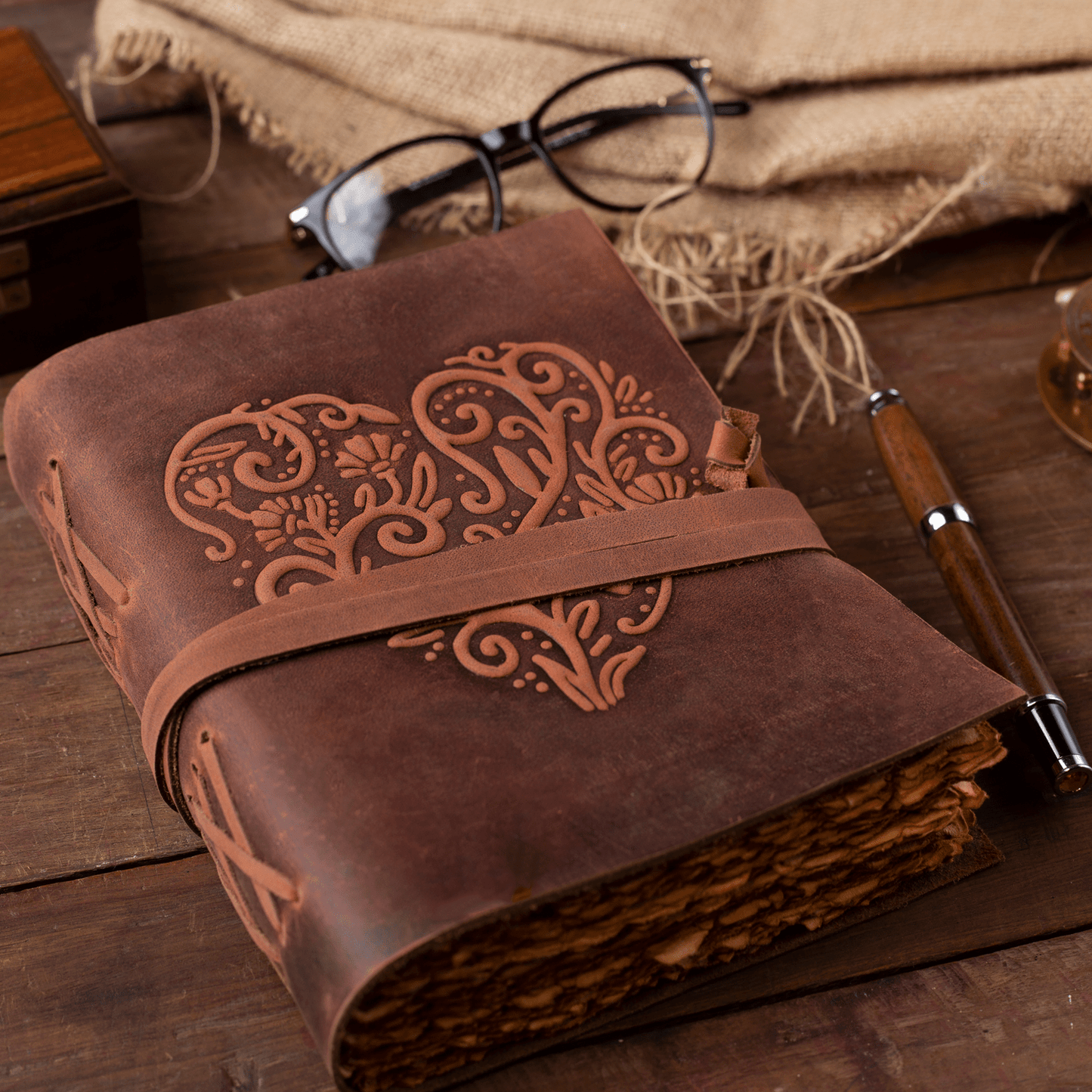 Leather Journal for Women - Vintage Leather Bound Journal - Antique Paper - Beautiful Embossed Heart Leather Sketchbook-