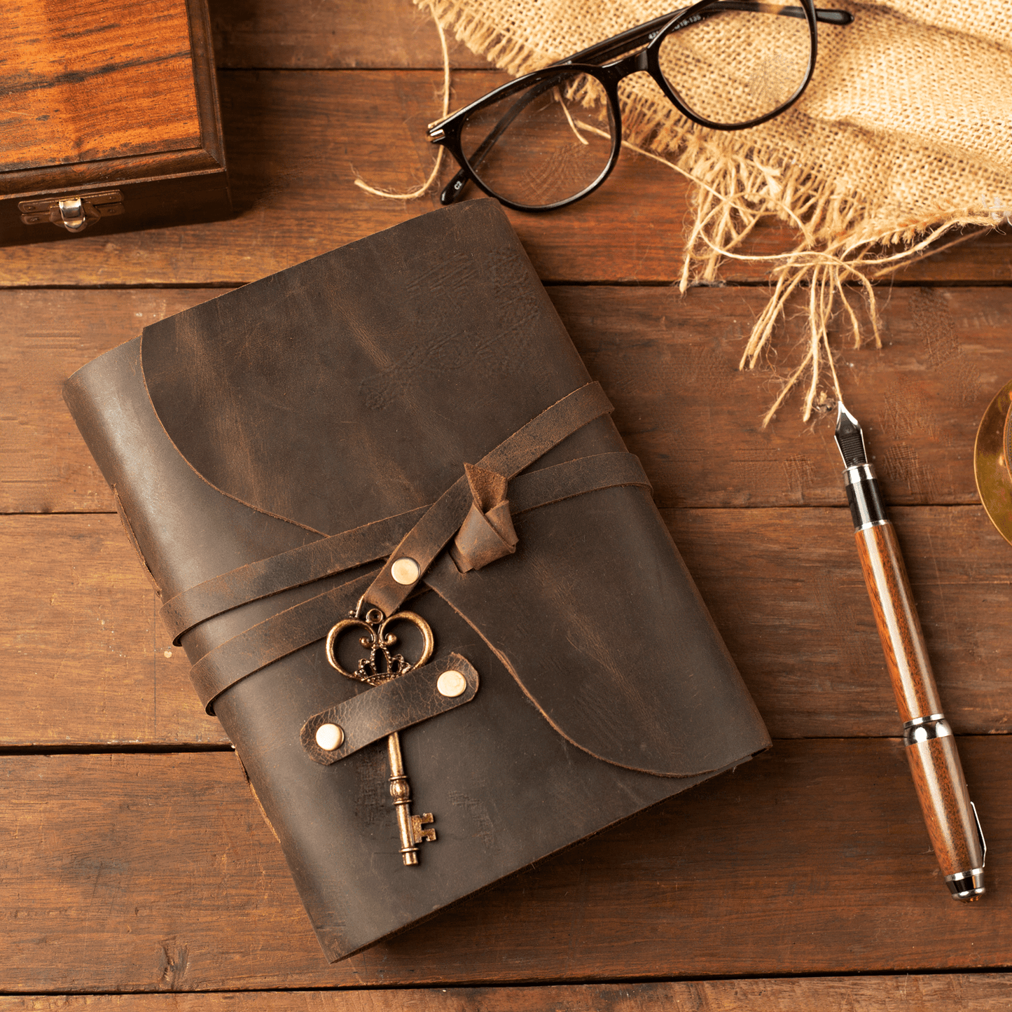 Vintage Leather Journal with Key - Deckle Edged Antique Journal