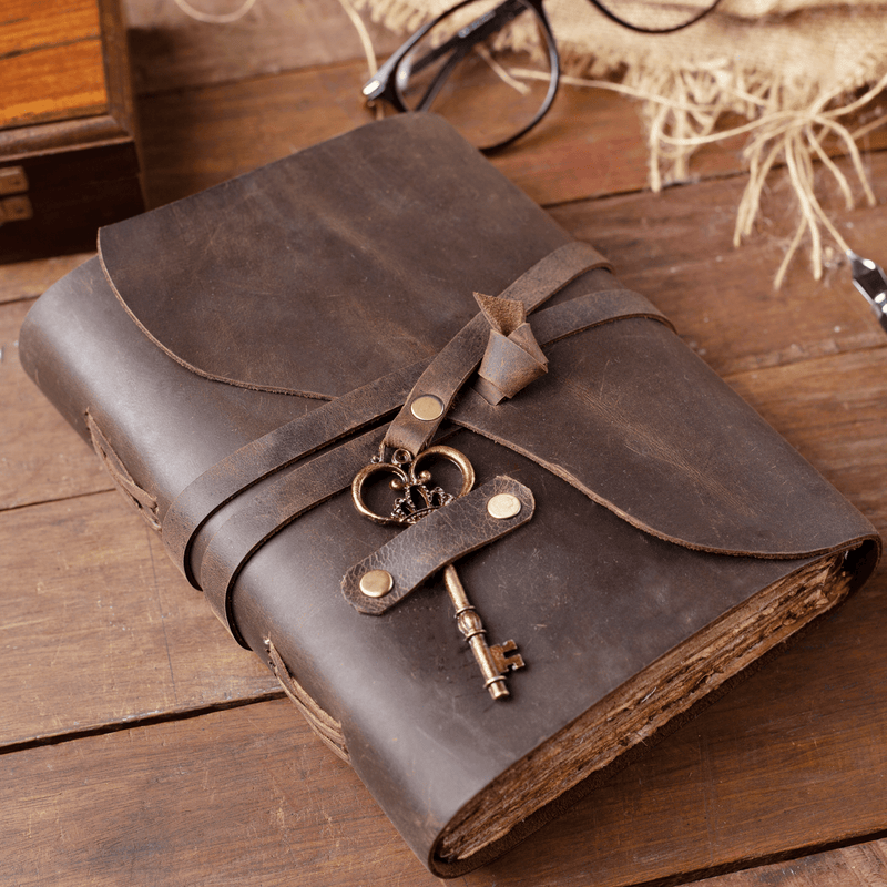 Vintage Leather Journal with Key - Deckle Edged Antique Journal
